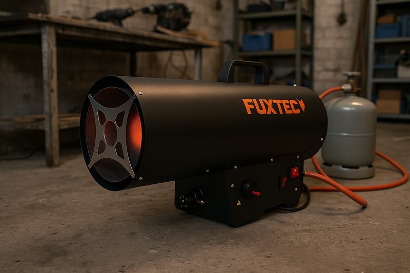 Heizgebläse in einer Werkstatt, das Ausblasgitter glüht orange, daneben eine angeschlossene Gasflasche