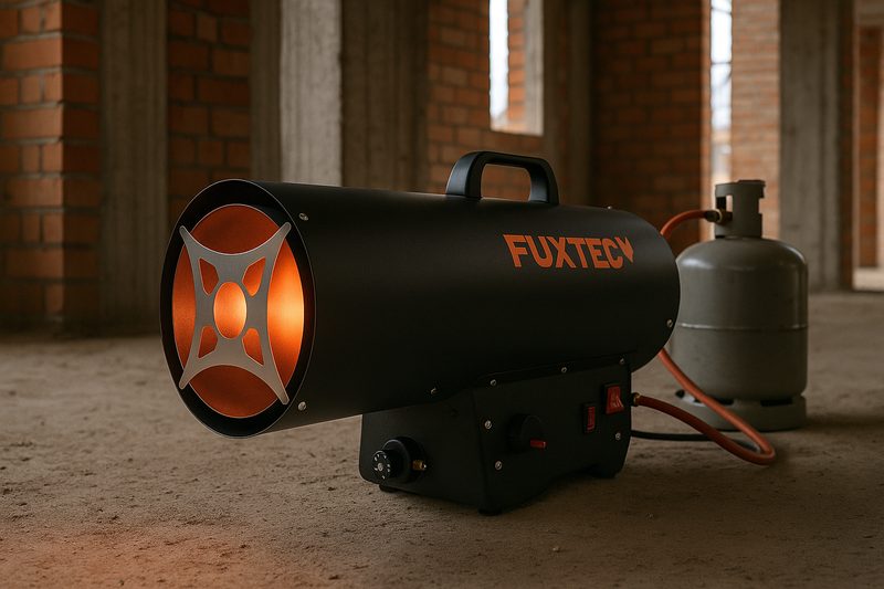 Heizgebläse in einem Rohbau mit Ziegelwänden, roter Gasschlauch zur Flasche daneben