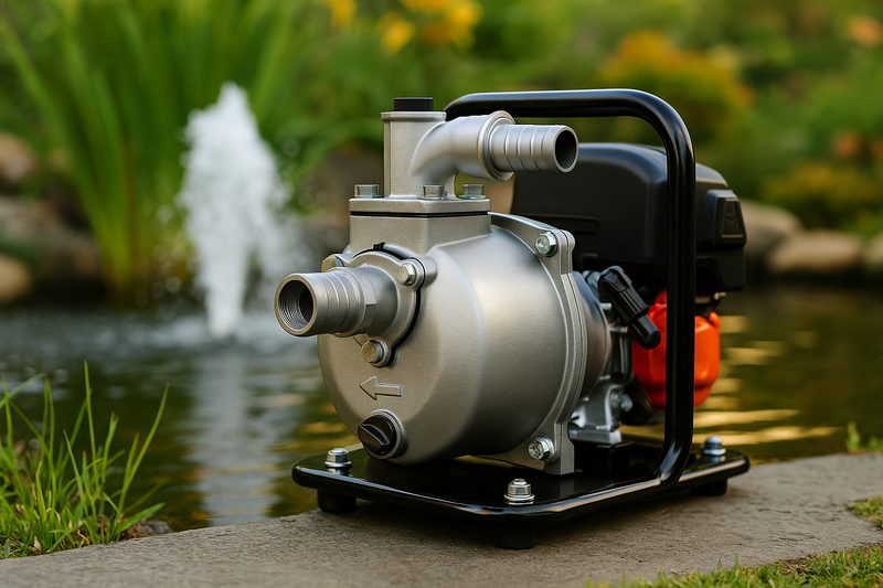 Pumpe auf der Steinkante eines Gartenteichs, im Wasser dahinter eine Fontäne