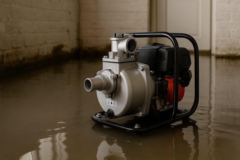 Pumpe steht in einem knöcheltief überfluteten Kellerraum, das Wasser spiegelt die Wand